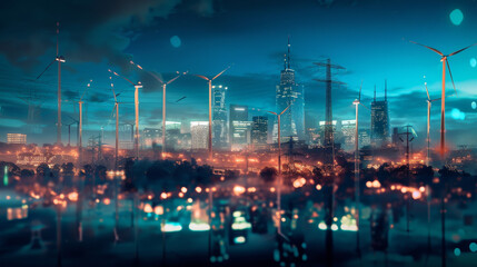 A power grid with wind turbines, solar panels, and a futuristic city skyline lit up by advanced electrical systems. 