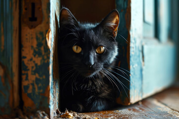 Black cat peeking from old wooden door mysterious feline concept