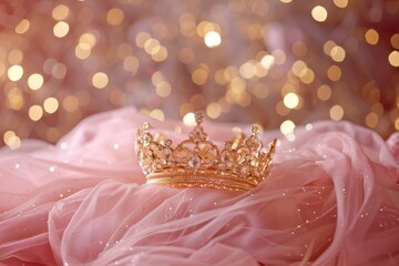 A golden tiara with sparkling rhinestones sits on a plush pink velvet cushion, ready for a birthday celebration