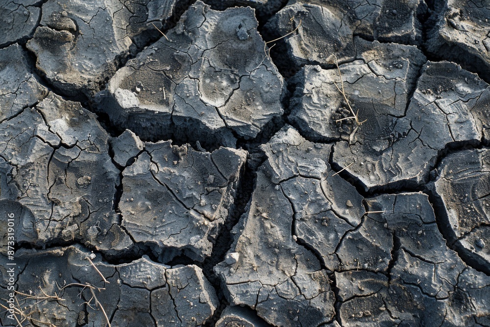 Poster a macro shot of a parched earth texture, revealing intricate patterns of cracks in the dry soil