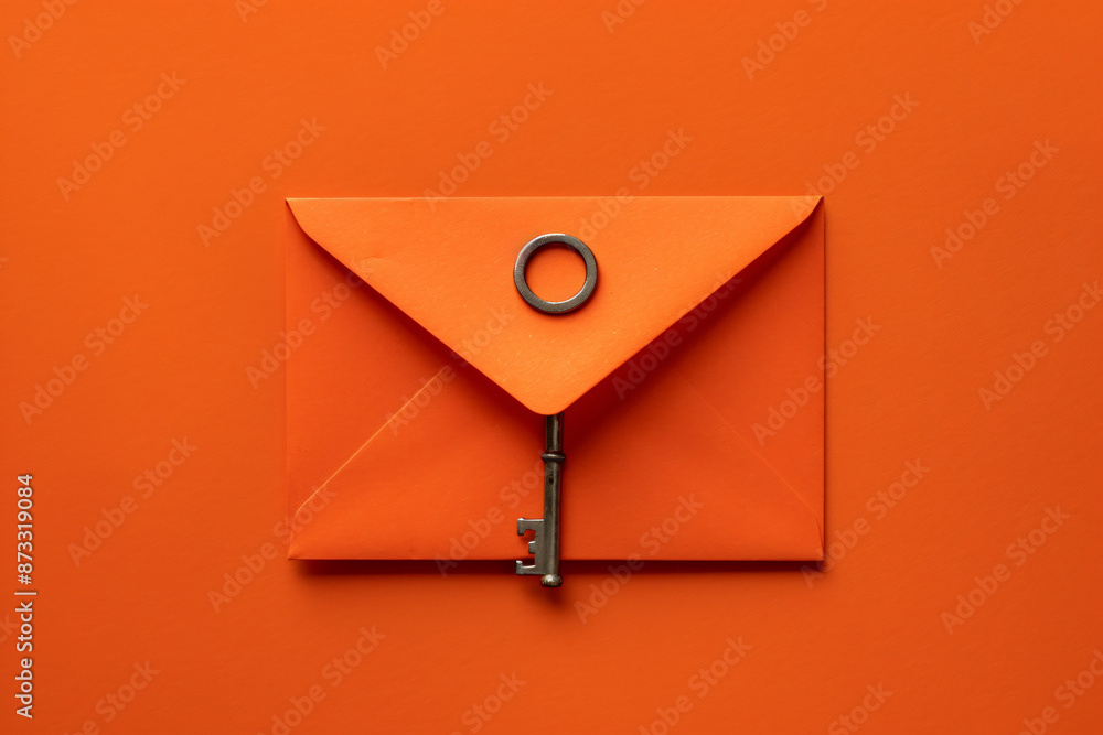 Poster orange envelope with key on orange background flat lay top view