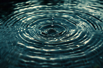 Tranquil water droplet causing ripple effect in deep calm water tranquility concept
