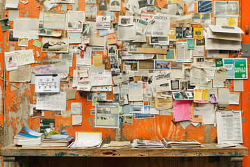 A weathered orange bulletin board covered with papers and notes, with a few books and magazines stacked on a wooden table below.