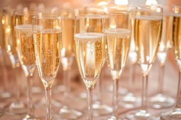 Close-up of a row of sparkling champagne flutes filled with golden bubbly, arranged neatly on a table