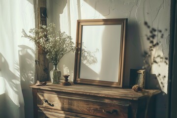 A rustic wooden picture frame with an empty canvas sits on a vintage dresser. The sunlight streams in through the window, casting shadows on the wall and the wooden surface