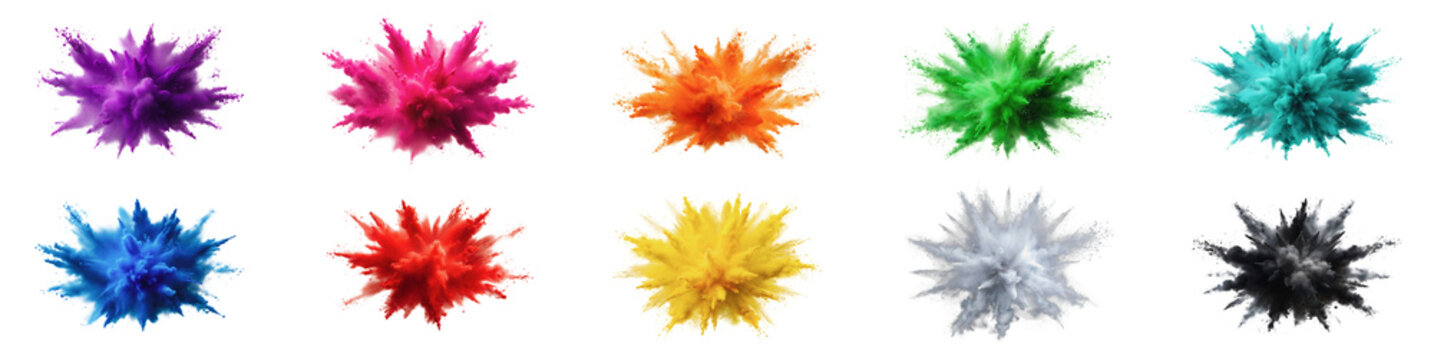 Ten vibrant colored powder explosions in purple, pink, orange, green, teal, blue, red, yellow, gray, and black - isolated transparent png