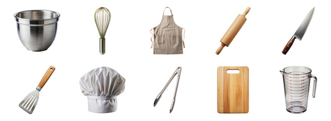 Collection of essential kitchen utensils and accessories including a mixing bowl, whisk, apron, rolling pin, and more - isolated transparent png