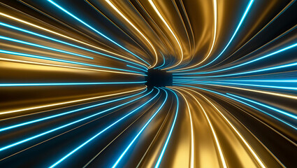 Curved blue and gold digital shapes illustration backdrop, Abstract trippy and futuristic lines background