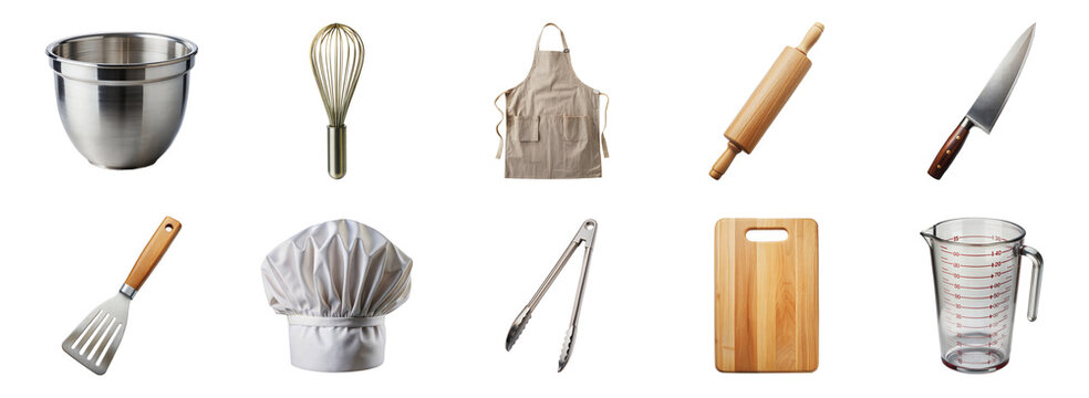 Collection of essential kitchen utensils and accessories including a mixing bowl, whisk, apron, rolling pin, and more - isolated transparent png - Powered by Adobe