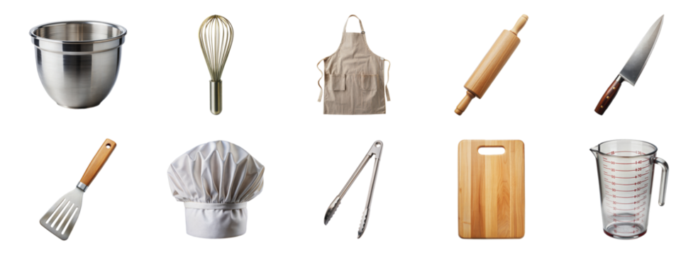Collection of essential kitchen utensils and accessories including a mixing bowl, whisk, apron, rolling pin, and more - isolated transparent png
