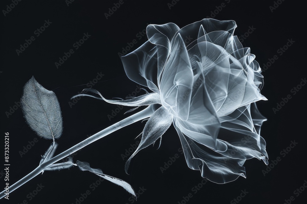 Poster an x-ray image of a rose with its stem and leaves is displayed on a black background. the image is c