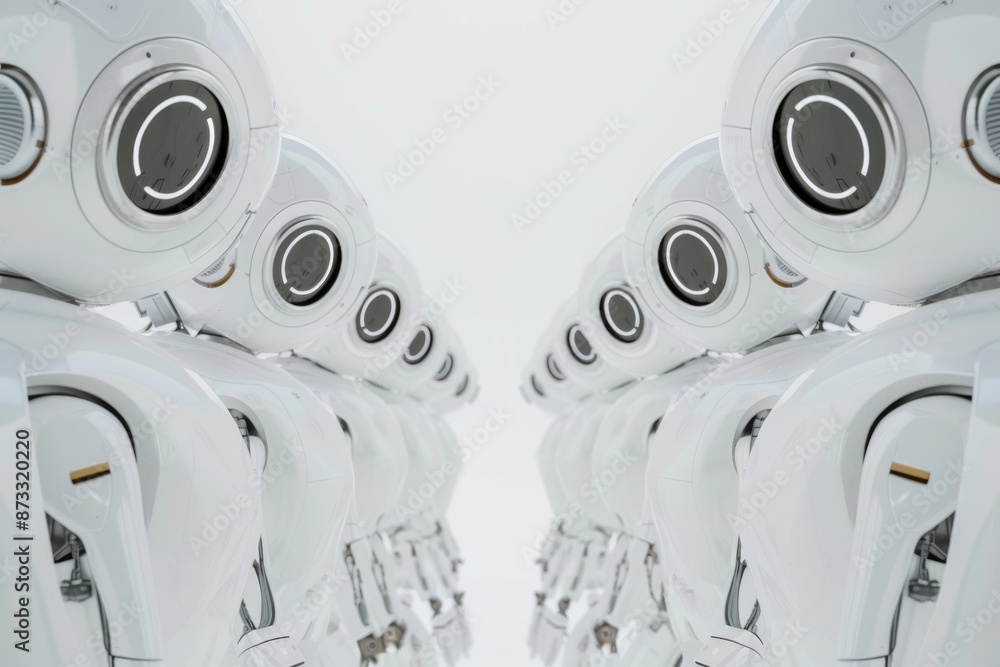 Poster a close-up shot of several white humanoid robots standing in a symmetrical formation against a plain