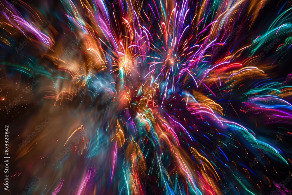 Poster a vibrant fireworks display explodes in a burst of color against a dark night sky, creating a mesmer
