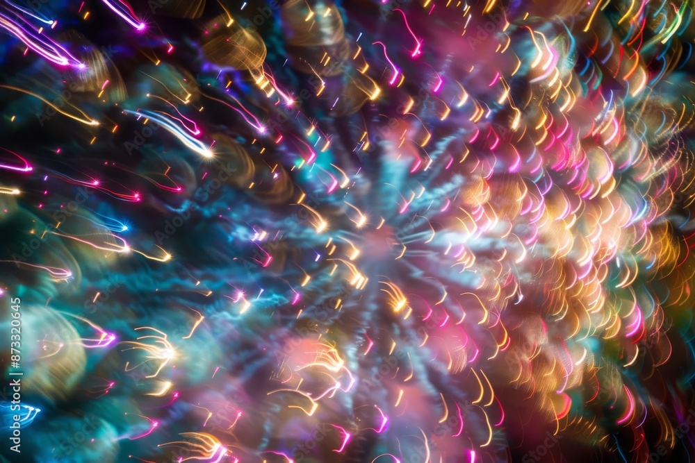 Poster a mesmerizing display of vibrant fireworks explodes in the night sky, creating streaks of color and 