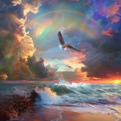 Obraz premium Surreal Coastal Scene with Rainbow Sky and Majestic Bird in Paradise, Symbolizing Faith, Hope, and Mythical Aspirations, AI-Generated High-Resolution Wallpaper