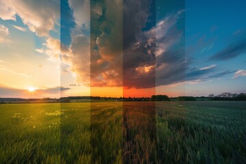 A timelapse photography sequence captures the dramatic transition of colors during sunset, with vibrant hues painting the sky over a green field