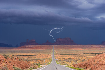 Lightning strike over Monument Valley road