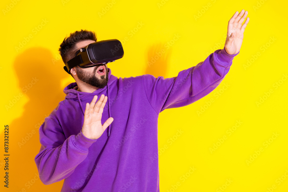 Canvas Prints Photo of excited glad nice man wear purple trendy clothes 3d glasses look empty space isolated on yellow color background