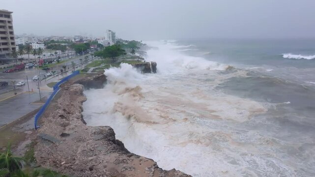 Hurricane Beryl - Powerful Swell Hitting Rocky Coast Of Dominican Republic. - aerial shot