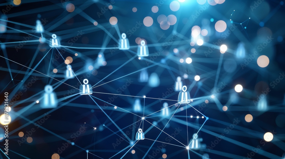 Poster Social media network concept with user icons linked by glowing lines on a dark blue background