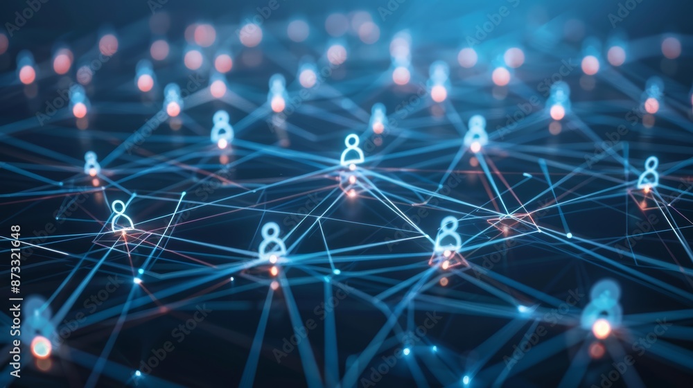 Poster Social media network concept with user icons linked by glowing lines on a dark blue background