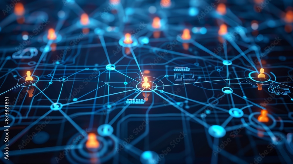 Poster Social media network concept with user icons linked by glowing lines on a dark blue background