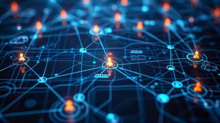 Social media network concept with user icons linked by glowing lines on a dark blue background