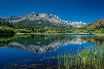 A calm lake reflects a majestic mountain range with snow-capped peaks under a clear blue sky. Lush greenery surrounds the tranquil waters
