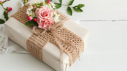 Rustic themed gift with crochet ribbon and flowers on white background for birthday or Valentine s Day Shabby chic decor