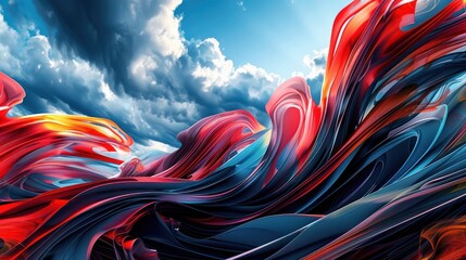 Vibrant Abstract Waves Red, Blue, and Black Swirls with Sky Background Modern Artistic Wallpaper Design for Travel and Beauty Inspiration