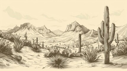 Vintage-style illustration of a desert landscape with various cacti. The drawing features detailed shading and textures, capturing the arid environment and mountainous background.