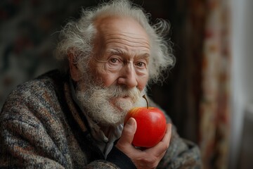 An elderly man with a thick white beard and unkempt hair is holding a ripe red apple while gazing thoughtfully into the distance, set in a warmly lit room.