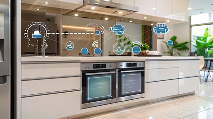 A sleek, modern kitchen with integrated smart home technology. The kitchen features a double oven, a refrigerator, and a sink with a faucet, all connected to a central hub displayed on the backsplash