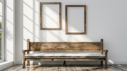 Wooden rustic bench near white wall with two frames