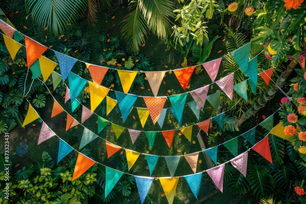 Poster a vibrant display of pennant strings adorns a lush garden backdrop, creating a festive and cheerful 