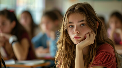 A bored and sleepy teenage girl, Caucasian, sits in a high school classroom, resting her head on her hand with a disinterested gaze towards the front of the room