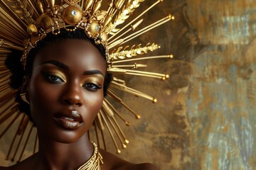 A black woman gazes at the camera, adorned with a golden headpiece resembling a modern crown with intricate details and a central jewel