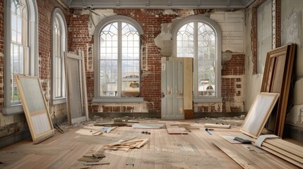 Fototapeta premium A partially renovated room with exposed brick walls, wood flooring, and large windows. The room is in the process of being renovated, with debris and tools scattered around