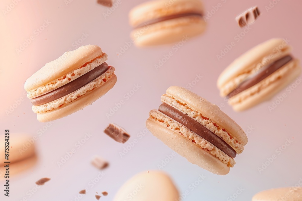 Poster peach-colored macarons with chocolate filling float against a soft gradient background, showcasing a