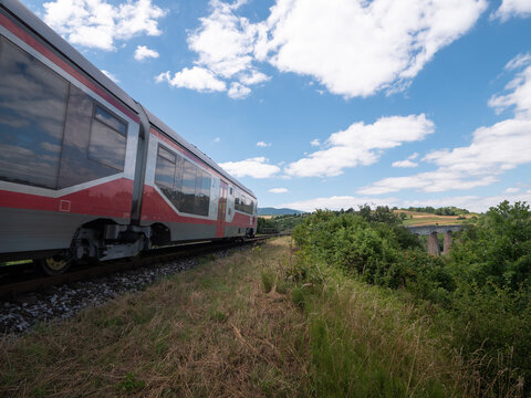 Traveling by train through the longest railway viaduct built in an arch above the town of Hanu&scaron;ovce nad Topľou.Traveling by train in Slovakia.