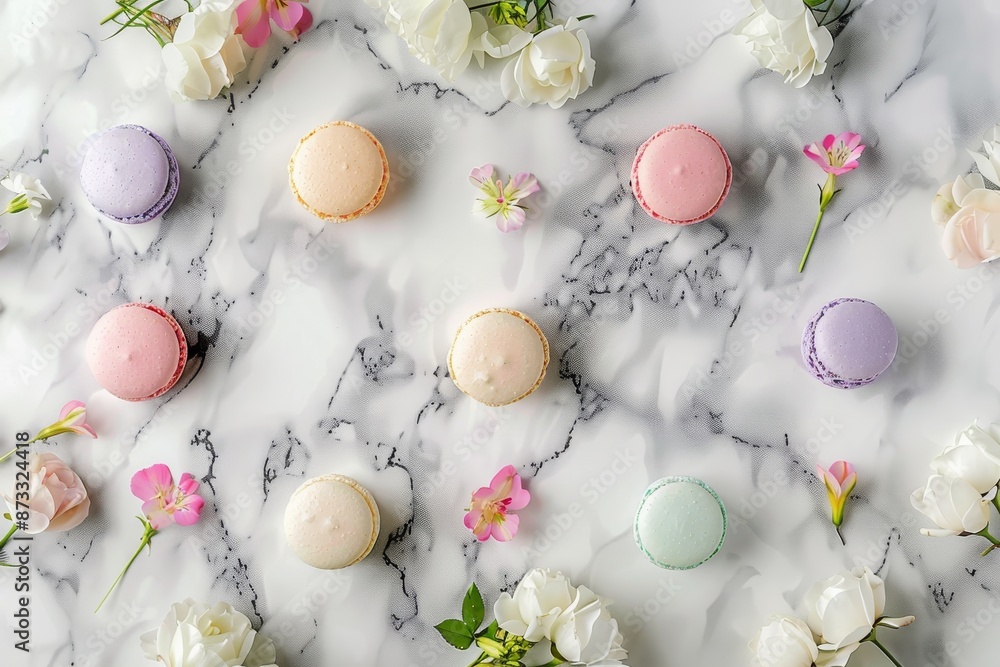 Poster pastel macarons arranged in a symmetrical pattern on a marble countertop, with delicate white and pi
