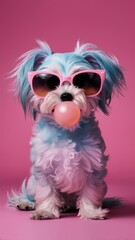 A quirky and charming portrait of a Maltese lapdog. A dog wearing stylish pink-framed sunglasses with contrasting tinted lenses. Promotional photo.