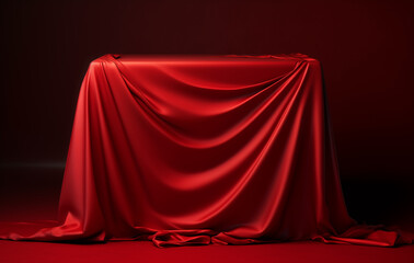 In a dimly lit room, a rectangular box is covered with a vibrant red cloth, resembling a curtain. The atmosphere is enhanced by the interplay of tints and shades, a captivating and mesmerizing scene
