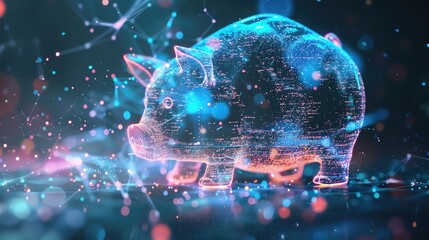 Holographic piggy bank amidst abstract network, representing digital finance, blockchain technology, and modern banking solutions.