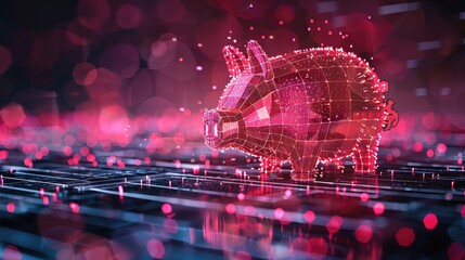 Digital pig hologram in a futuristic environment with a pink light grid, representing technology and innovation in digital spaces.
