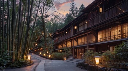 Obraz premium A historic Japanese ryokan nestled in a bamboo forest, with traditional wooden architecture and paper lanterns casting a warm glow at dusk.