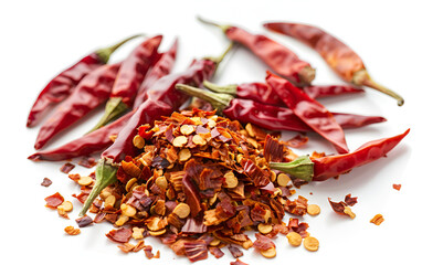 Fiery Delight A Closeup of Isolated Cayenne Pepper Spice with Crushed Red Flakes and Seeds on Whit