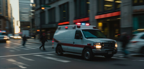 Speeding Ambulance in Busy Urban Street at Dusk with Blurred Motion