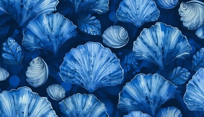 Seamless blue watercolor seashell pattern for textile design