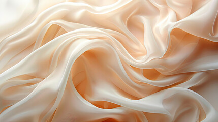 Fototapeta premium Abstract peach and white silk fabric texture. Showing its soft, flowing translucent texture and subtle color gradient. Fabric is arranged in folds and waves, creating an abstract gentle pattern.
